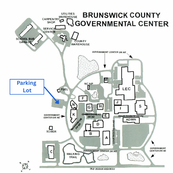 Map of the BC County Center showing rear parking lot for plant pickup